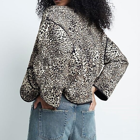 NWT! Leopard Animal Print Crop Quilted Puffer Jacket Open Front Lightweight Coat - Picture 8 of 10